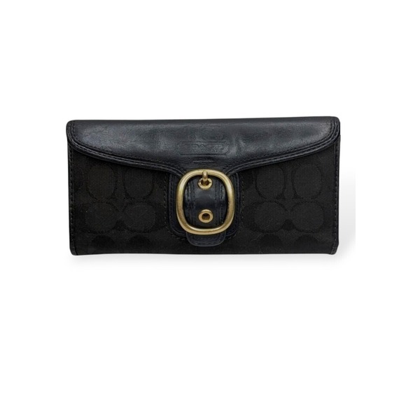 Coach Handbags - Vintage Coach Bleeker Black Signature Jacquard Canvas & Leather Buckle Wallet